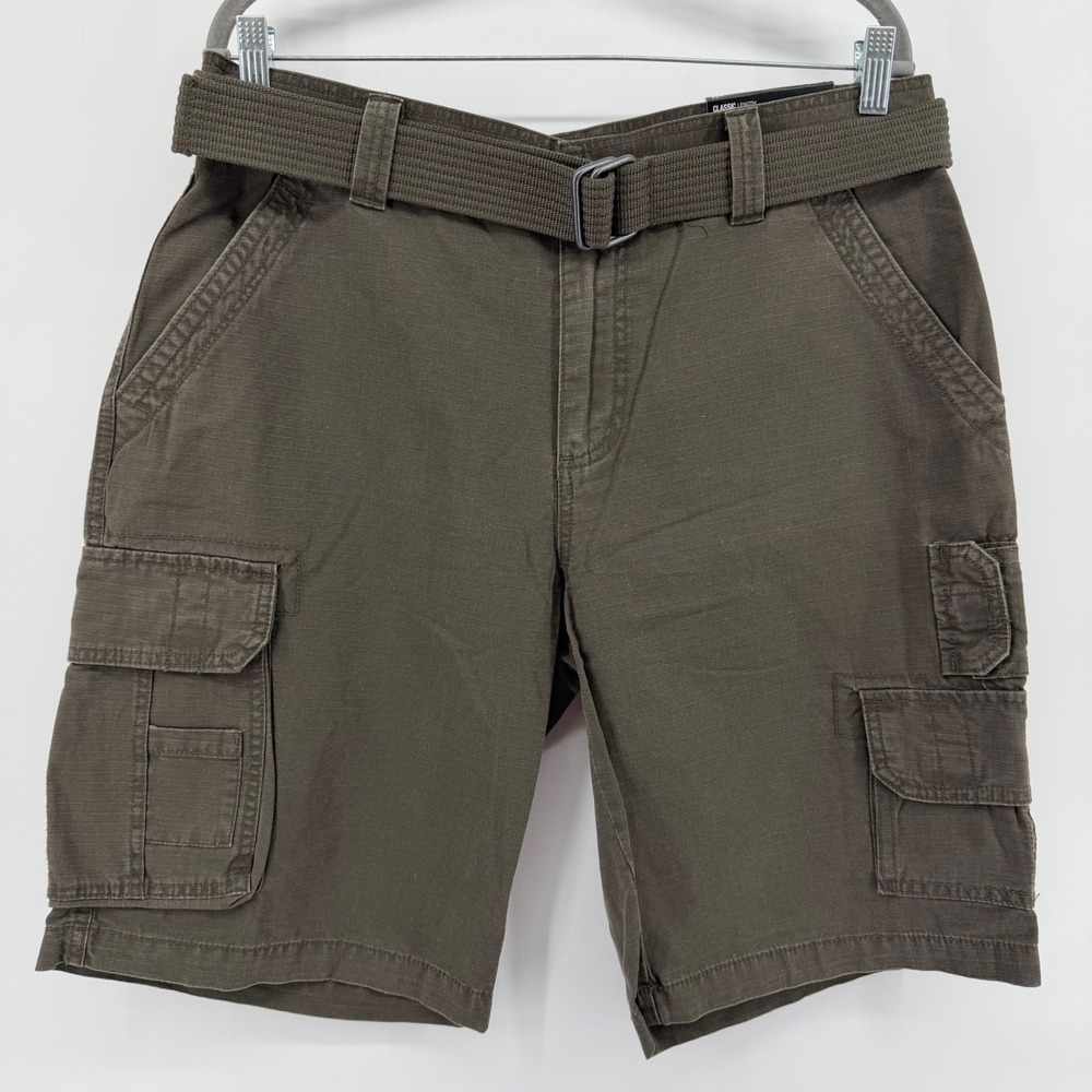 Carbon Cargo Shorts Mens‎ 34 Brown Classic Length Ripstop Cotton Belted Utility